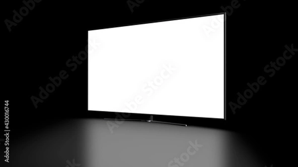 Obraz Television TV mockup with diagonal view and blank screen, with reflection on the floor. Black color background. Ideal for placing custom designs.