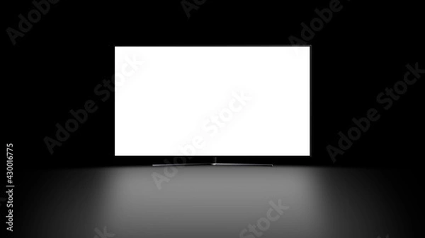 Obraz TV mockup with front view and blank screen, with reflection on the floor. Black color background. Ideal for placing custom designs.