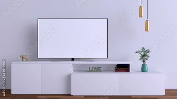 Obraz Three-dimensional mockup of a television with a blank screen on a rack cabinet. Similar to a living room in a house. Ideal for presentation of custom designs.