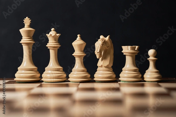 Fototapeta beautiful chess pieces Colombian knight lined up in ascending order np varnished chessboard on a dark background.