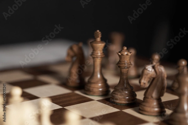 Fototapeta Chess, queen, Chess pieces are located on a wooden board. close-up side view queen, think