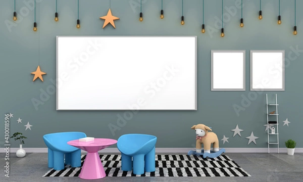 Fototapeta kindergarten classroom and frame for mockup, 3D rendering 