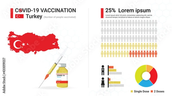 Fototapeta Covid-19 vaccine infographic. Coronavirus vaccination in Turkey. Design by map of Turkey, vaccine bottle, syringe and progress of Turkish's immune reconstitution, statistic chart. Vector illustration