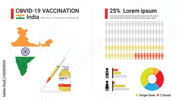 Fototapeta Covid-19 vaccine infographic. Coronavirus vaccination in India. Design by map of India, vaccine bottle, syringe and progress of Indian's immune reconstitution, statistic chart. Vector illustration