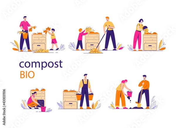 Fototapeta Compost bin with bio-recycling of waste. A pile of waste for organic fertilizers. Gardeners people next to the box. Set of vector illustrations in flat style.