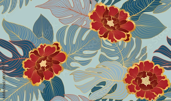 Fototapeta Floral seamless pattern with tropical leaves and flowers. Artistic drawn floral background in style of oriental chinese embroidery decor. Flourish ornamental garden texture with line art palm leaves