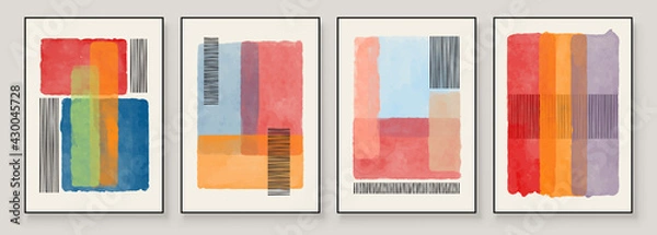 Fototapeta Set of Abstract Hand Painted Illustrations for Wall Decoration, Postcard, Social Media Banner, Brochure Cover Design Background. Modern Abstract Painting Artwork. Bright vivid color Vector Pattern.
