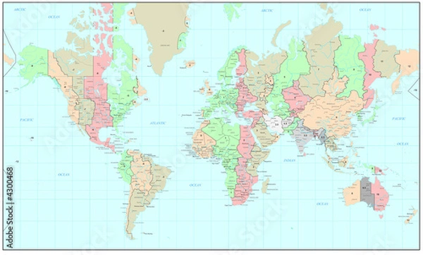 Fototapeta Political World map with time zones