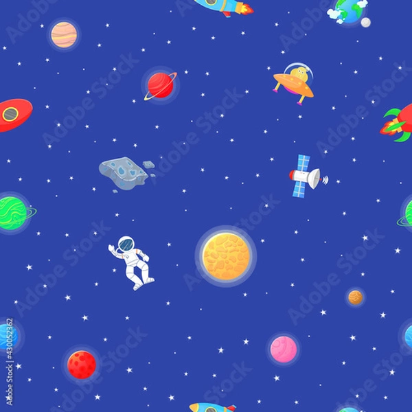 Fototapeta Cosmic fabric for kids. Astronaut with rocket and