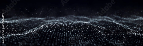 Obraz Wave of particles. Dynamic wave on black background. Big data visualization. Data technology abstract futuristic illustration. 3d rendering.
