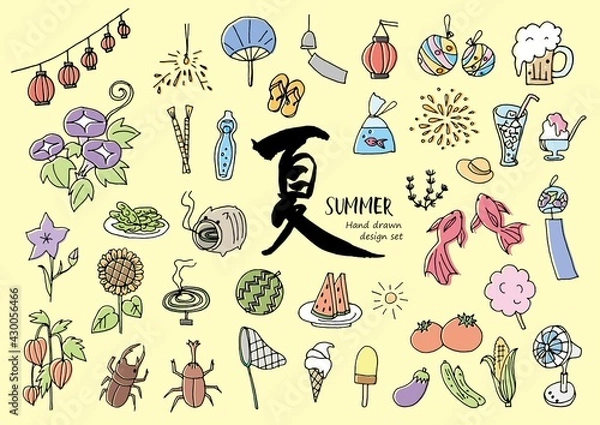 Fototapeta 手描きの素材セット_日本の風物詩