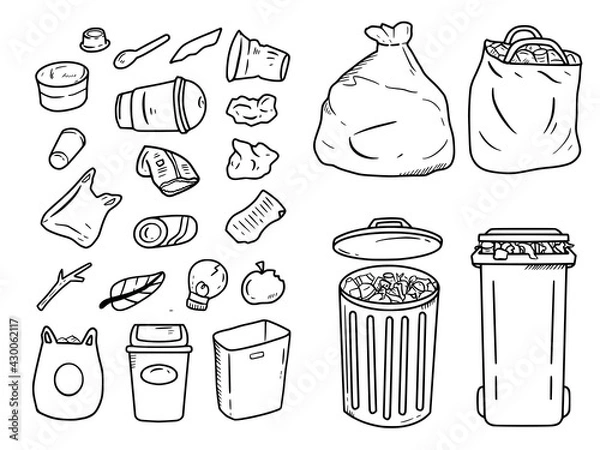 Obraz Trash can and garbage doodle drawing icon set illustration line art