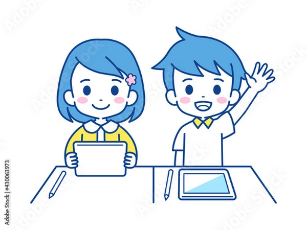 Obraz タブレットで授業を受ける女の子と男の子　イラスト素材　
