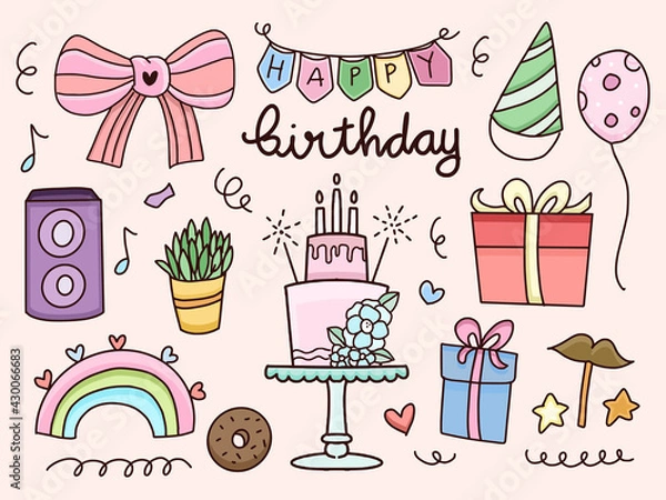 Fototapeta Happy birthday sticker set cartoon doodle drawing vector. Party ornament design with cake and rainbow.