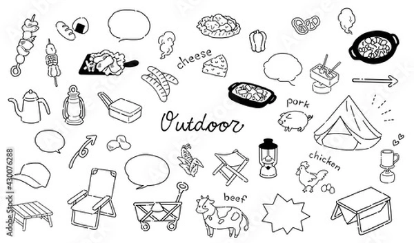 Obraz 手描き　シンプルでかわいいアウトドア用品のイラスト素材