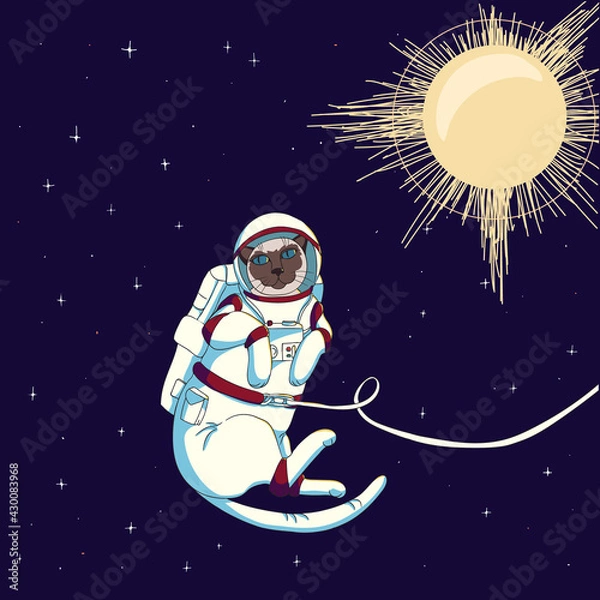 Fototapeta Cute funny cat  weared a spacesuit floats outer space. Flat illustration concept about cosmonautics and astronautics. Kids poster, print, postcard