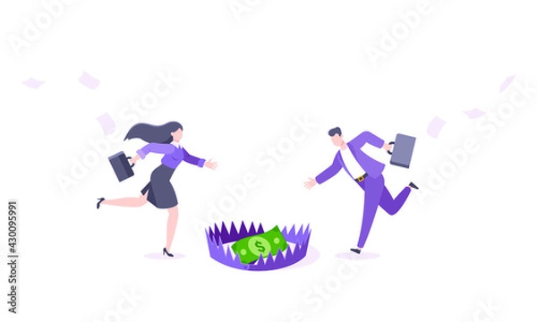 Fototapeta Money trap business concept. Young adult people running to catch the coin money in the steel bear trap flat style design vector illustration. Metaphor of greedy financial risk and bad solutions.