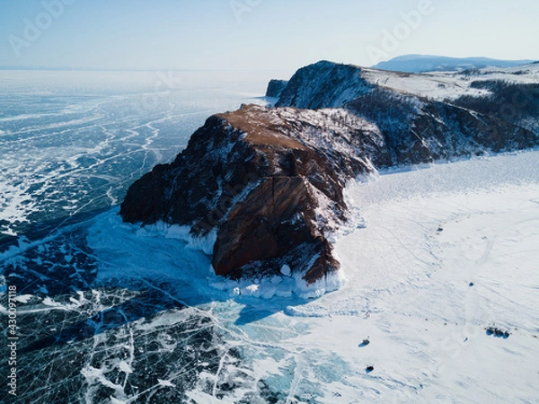 Fototapeta view from the drone on Cape Khoboy of Olkhon Island. A journey through the winter Baikal Siberia Russia.