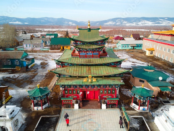 Fototapeta a drone view of the Ivolginsky Datsan, the main Buddhist monastery in Russia. Travel to Siberia.
