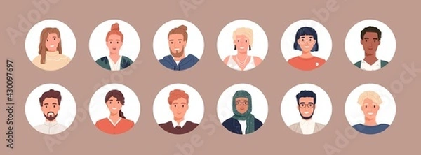 Fototapeta Circle avatars with young people's faces. Portraits of diverse men and women of different races. Set of user profiles. Round icons with happy smiling humans. Colored flat vector illustration