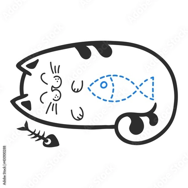 Fototapeta A cat lying on its side, a cat that has eaten a fish. The skeleton of a fish. Hand-drawn cat character. Outline. Isolated on a white background.
