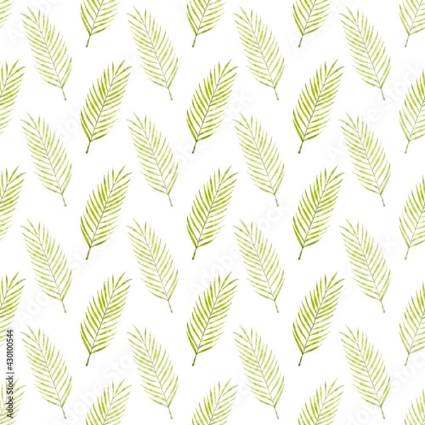 Fototapeta Green palm leaves seamless pattern. Repeat foliage wallpaper. Botanical illustration.