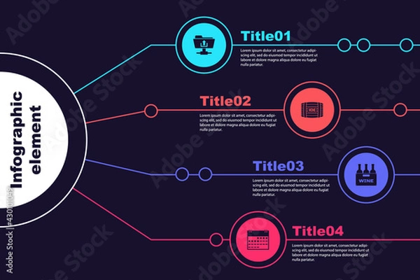 Fototapeta Set FTP folder upload, Wooden barrel for wine, Bottles of box and Calendar. Business infographic template. Vector