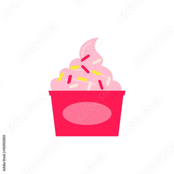 Fototapeta Flat vector illustration of paper cup with strawberry, raspberry soft serve ice cream or gelato or frozen yogurt in pink color. Isolated on white background.