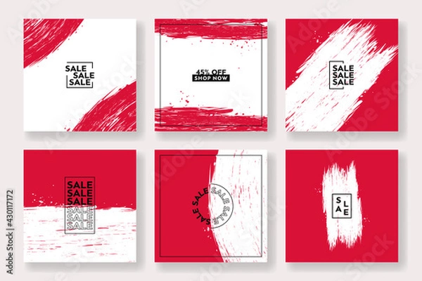 Obraz Set of sale banner template design. Social Media Posts for Digital Marketing. Borders, splashes splatters red elements. Stock vector illustration.