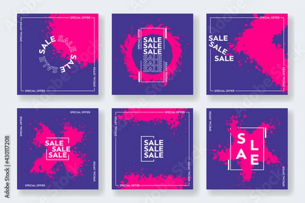 Obraz Set of sale banner template design. Social Media Posts for Digital Marketing. Purple Borders and splashes elements. Stock vector illustration.