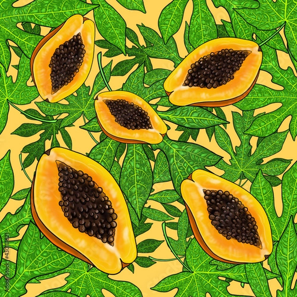 Fototapeta bright summer seamless pattern with tropical fruits and leaves. papaya on orange background for print