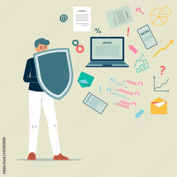 Fototapeta Man holding a shield protecting from disturbing news, flat vector illustration.