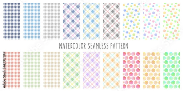 Obraz 水彩風　チェックとドットのシームレスパターンてんこもりセット