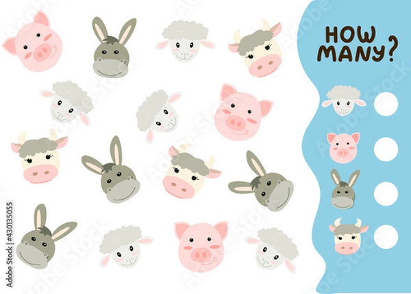 Fototapeta Counting game for preschool kids. Educational math game. Count how many farm animals there are and write down the result. Vector illustration in cartoon style