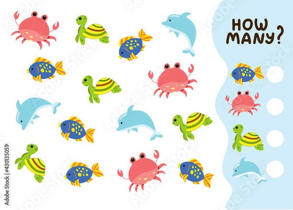 Fototapeta Counting game for preschool kids. Educational math game. Count how many marine mammals there are and write down the result. Vector illustration in cartoon style