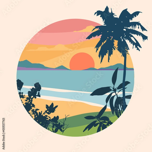 Fototapeta Abstract colourful landscape poster. Round prints with sky, moon, ocean, beach, lake, mountains, tropical view. Contemporary art print template.