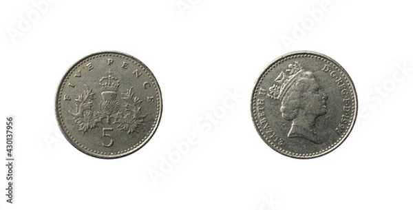 Fototapeta Five Pence coin with the Badge of Scotland, 1991 obverse and reverse.