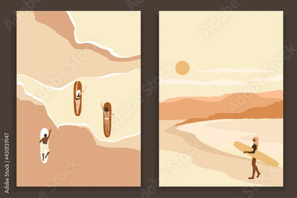 Fototapeta Abstract coloful landscape poster collection. Set of contemporary art beach print templates. Nature backgrounds for your social media. Sun and moon, sea, mountains, ocean, palms, surfers.