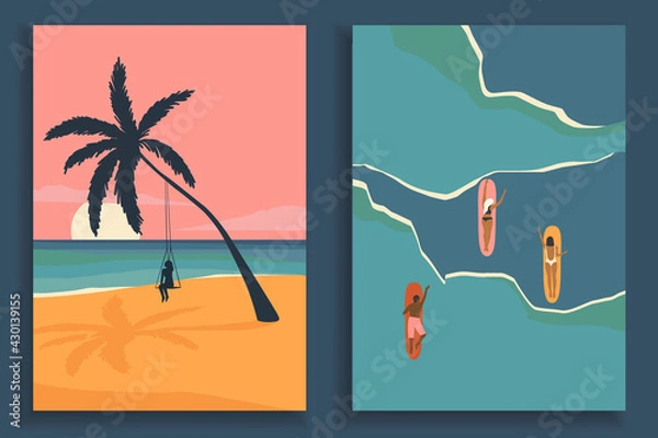 Fototapeta bAbstract coloful landscape poster collection. Set of contemporary art beach print templates. Nature backgrounds for your social media. Sun and moon, sea, mountains, ocean, palms.