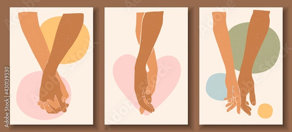 Fototapeta Abstract posters with hands on abstract background. Man holding woman's hand in pastel colors. Collection of contemporary art posters.