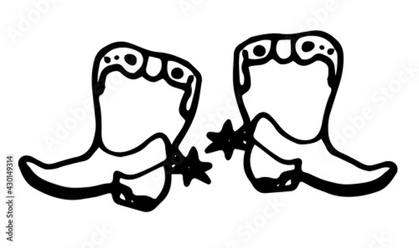 Fototapeta Cowboy boots with spurs. Vector isolated element vintage cowboys riding shoes hand drawn in doodle style with black line on white background, side view for label design template, background