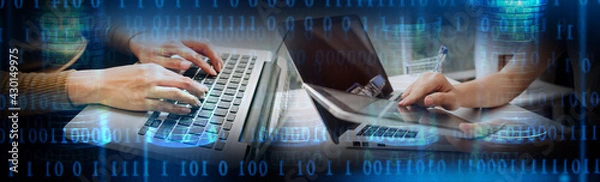 Fototapeta Payments System Hacking. Online Credit Cards Payment Security Concept. Hacker in Black Gloves Hacking the System.