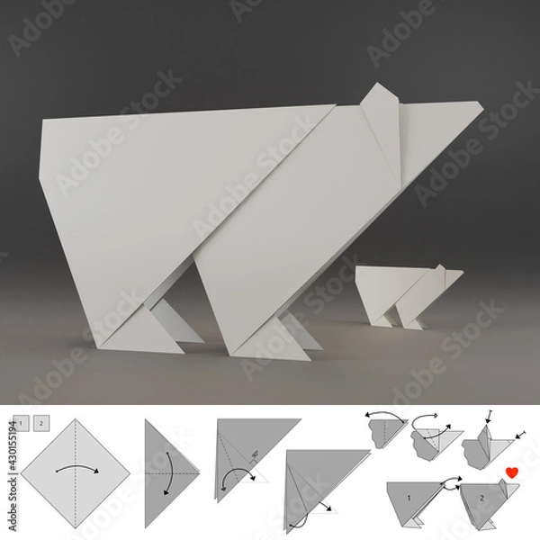 Fototapeta Polar bear origami, 3d render template and 2d illustration. Design paper arctic bear step by step instruction. Monochromatic black, gray and white colors.
