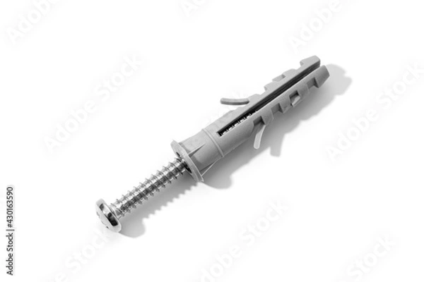 Fototapeta Plastic dowel and screw isolated on a white background. Expansion anchors or fixing dowel with chromed screw