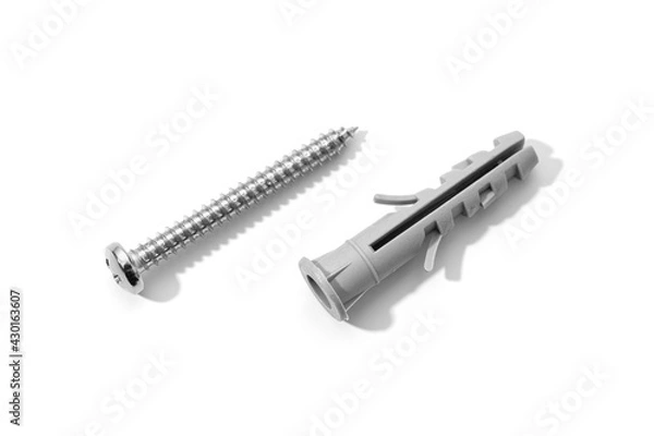 Fototapeta Plastic dowel and screw isolated on a white background. Expansion anchors or fixing dowel with chromed screw
