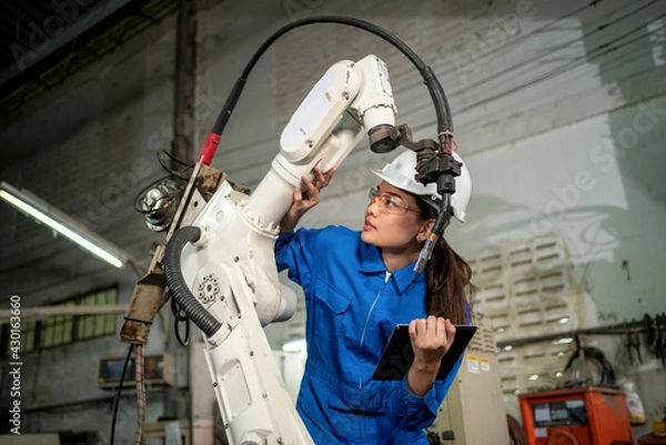 Obraz Technician woman check the robotic arm machine in the factory. Worker wearing safety helmet, glasses and uniform. Preventive maintenance to prevent breakdown. Service and repair concept