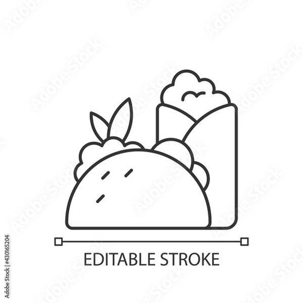 Fototapeta Takeaway mexican food linear icon. Burritos and tacos. Traditional mexican cuisine. Thin line customizable illustration. Contour symbol. Vector isolated outline drawing. Editable stroke