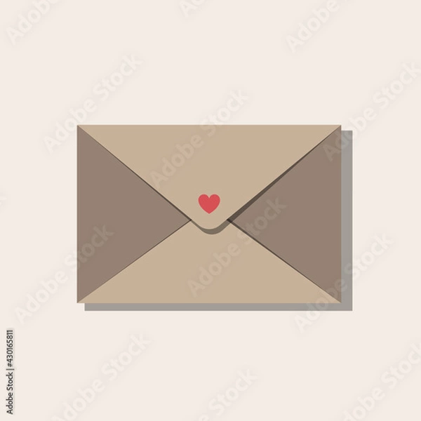 Fototapeta Beige and brown closed envelope with red heart sing. With shadow, isolated on beige background. Vector illustration, trendy style, warm and cozy colours