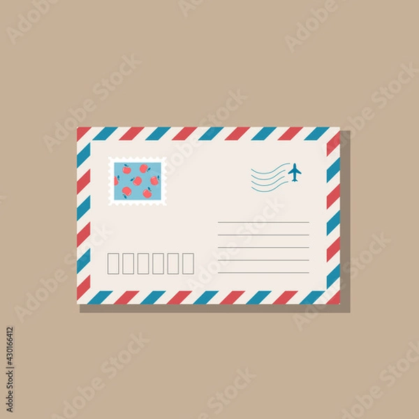 Fototapeta Beige envelope with frame of blue and red stripes. Postage stamp with red apples on blue background. With shadow, isolated on beige background. Vector illustration, trendy style, soft and cozy colours