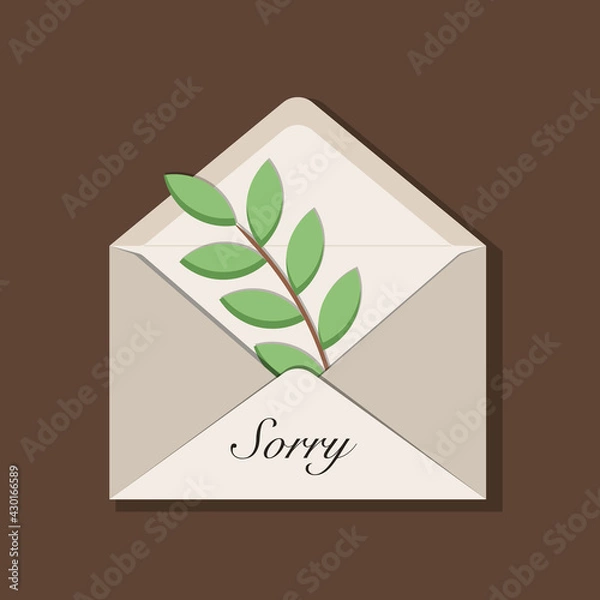 Obraz Beige opened envelope with olive branch as a symbol of peace inside, handwritten message Sorry. With shadow, isolated on brown background. Vector illustration, trendy style, warm and cozy colours
